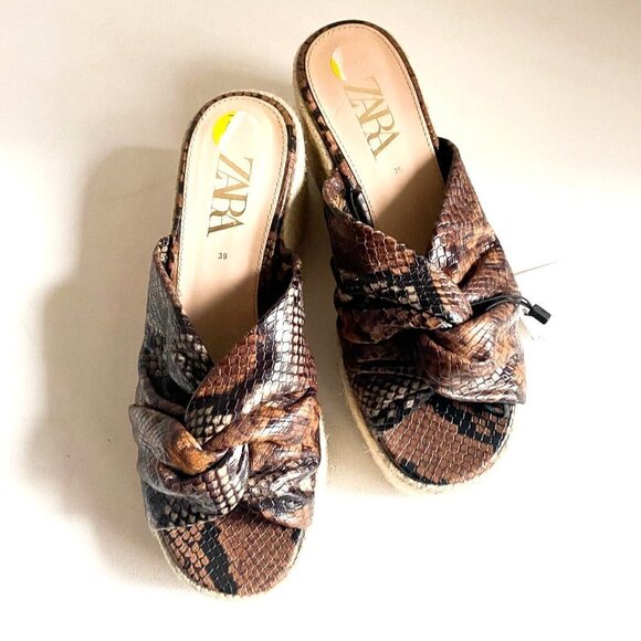 Zara Snakeskin Jute  Wedge Slip on Chunky Platform Espadrilles 39 - Picture 2 of 6